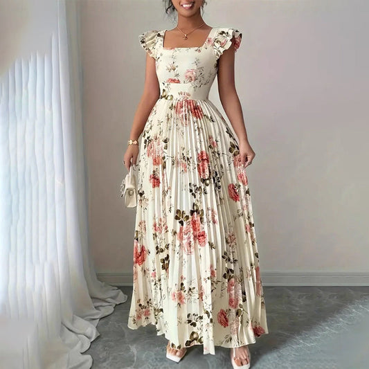👗 50% RABATT! ✨ Blommig veckad maxiklänning – Fyrkantig urringning & volangärmar – Hög midja, romantisk & perfekt för vår, strand eller trädgårdsfester 🌸