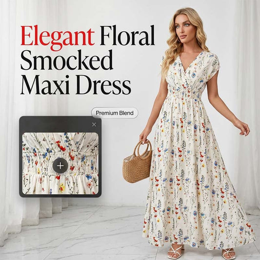 👗 50% RABATT! 🌸 Maxiklänning för damer med blommönster, V-ringning & smockad midja – Lätt, romantisk & perfekt för sommar, strand eller en dag i stan – bekväm hela dagen ☀️