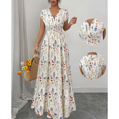👗 50% RABATT! 🌸 Maxiklänning för damer med blommönster, V-ringning & smockad midja – Lätt, romantisk & perfekt för sommar, strand eller en dag i stan – bekväm hela dagen ☀️