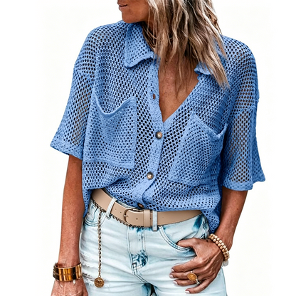 👚 50% RABATT NU! 🌬️ Kortärmad stickad knappskjorta – Andningsbar vävnad & relaxad passform – Perfekt för sommarlager eller en ledig dag – mjuk och bekväm ☀️