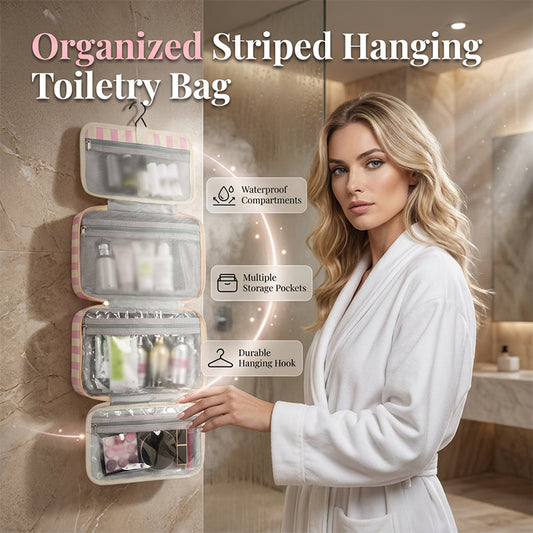 🧳 50% RABATT! ✨ Randig hängande resväska för toalettartiklar – 4 fack & vattenresistent – Vikbar design – perfekt för resor, gym eller vardagspendling 🛅✨
