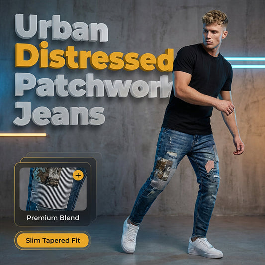 👖 50% RABATT NU! 🔥 Herr patchwork slitna jeans – Robust, casual & unikt slitet utseende – Avslappnad passform, perfekt för streetwear eller vardagsstil ✨