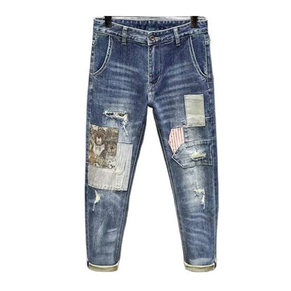 👖 50% RABATT NU! 🔥 Herr patchwork slitna jeans – Robust, casual & unikt slitet utseende – Avslappnad passform, perfekt för streetwear eller vardagsstil ✨