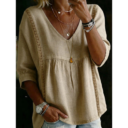 👚 50% RABATT NU! 🕊️ Kvinnors casual V-ringad spetskant topp – Kejsarskuren, lättvikt & 3/4 ärmar – Flödande, andningsbar & romantisk – perfekt för vårdagsklädsel eller en chic lunch ✨