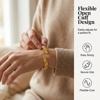 ✨ 50% RABATT NU! 🍃 Pläterat löv öppet manschettarmband – Justerbart rostfritt stål, 18K guld/silver – Naturinspirerat, perfekt för daglig elegans eller present 💛