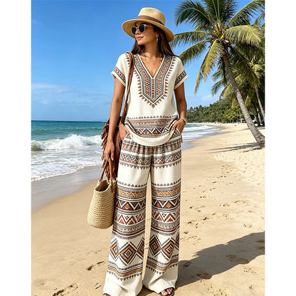 👚 60% RABATT! ⏰ Tvådelat set för dam – Tryckt topp & byxor – Mjukt, andningsbart & ledig passform – perfekt för sommar, resor eller en avslappnad dag 🌸👖