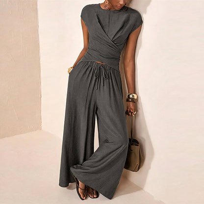 👗 60% RABATT! ✨ Dam set med korsad topp & vida byxor – Mjukt fall & smickrande passform – Enkel elegans för alla tillfällen – perfekt för sommar, bröllop eller fest 🌸