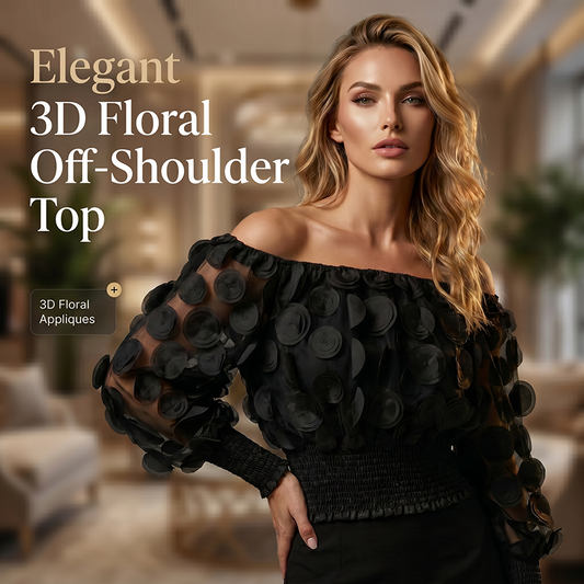 👗 50% RABATT! ✨ Off-shoulder figurnära topp – 3D blomapplikationer & smockad midja – Ballongärmar, romantisk & feminin – perfekt för fest eller sommarbrunch 🌸🌿